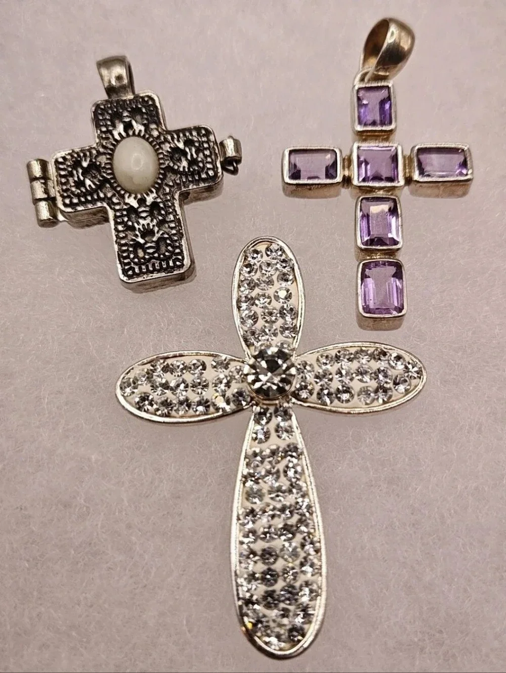 Vintage Cross Locket Amethyst Sterling Cross Pendant Rhinestone Cross Brooch LC